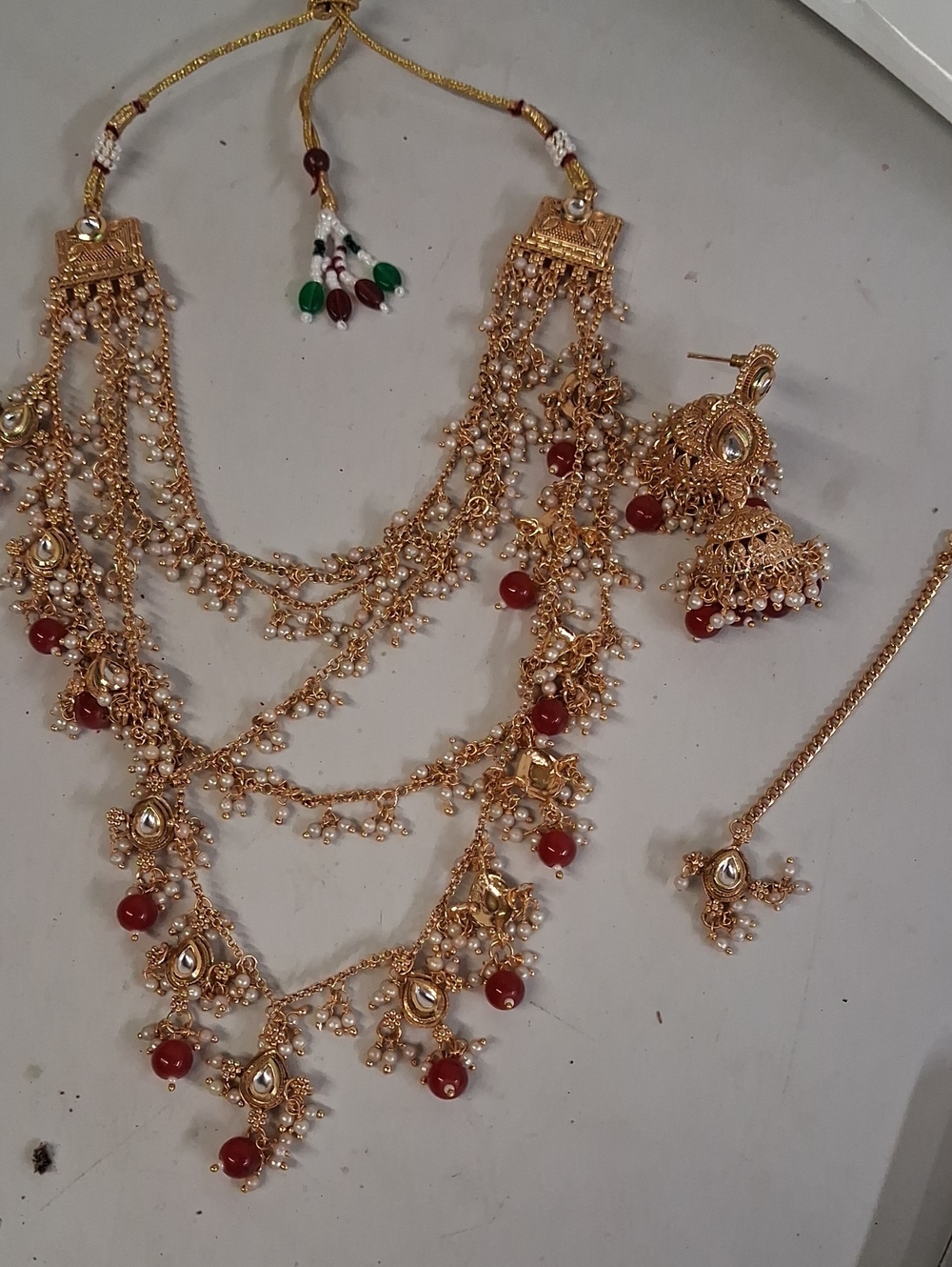 NWT Traditional Gold-Tone Multi-Layer Necklace Set with Red Beads